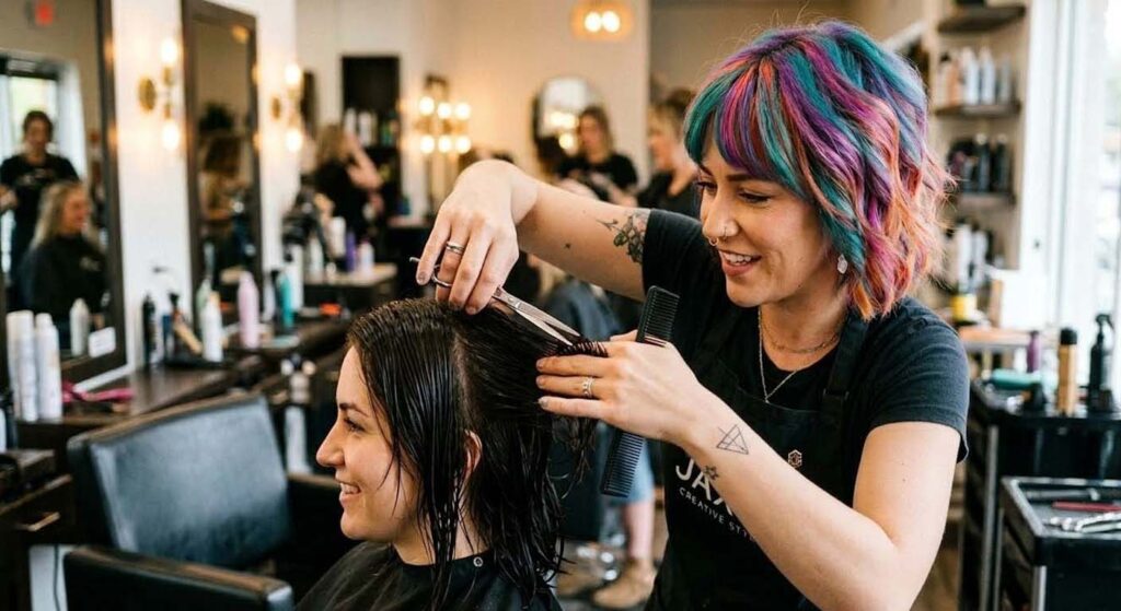 Hairstylist cutting a client’s hair in a salon ready to switch salon software