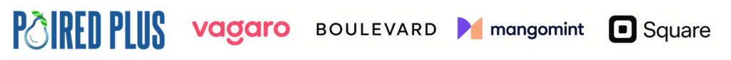 Logos of Paired Plus, Vagaro, Boulevard, Mangomint, and Square compared as best salon software options