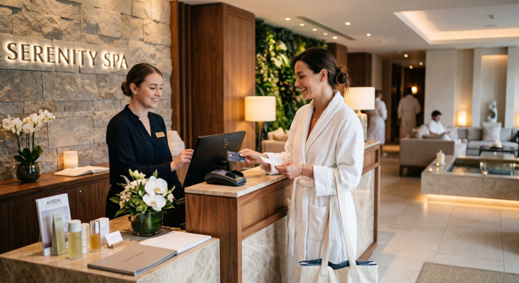 Woman at hotel spa checkout using Maestro PMS spa integration