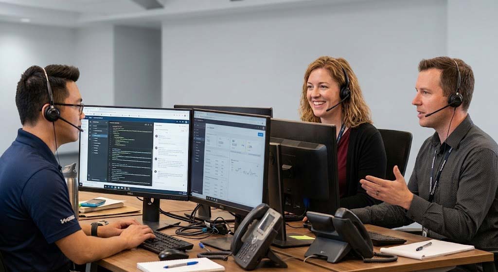 salon software sales help being given by 3 people sitting around computers