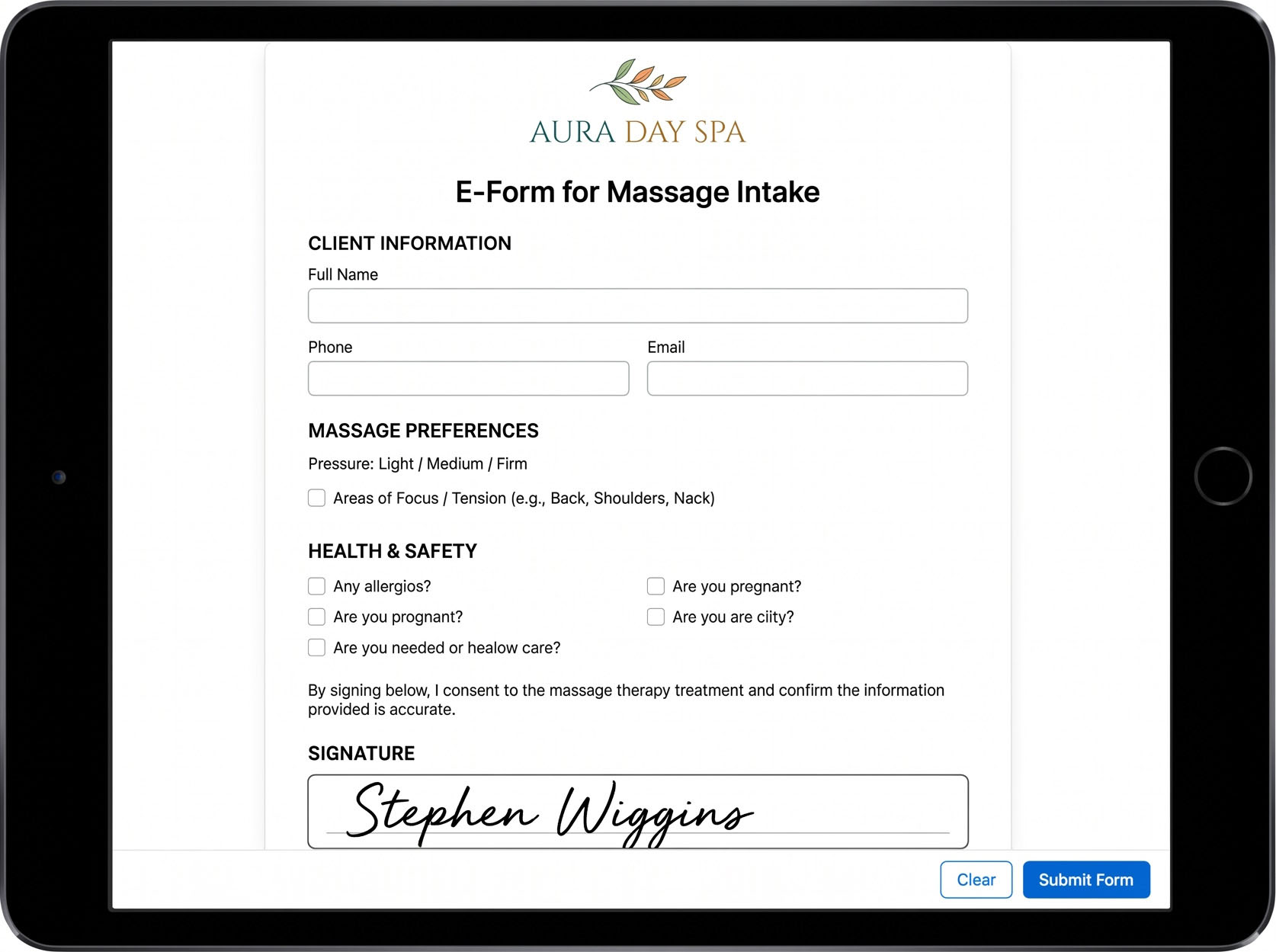 Digital intake e-form on a tablet in Paired Plus with client details, preferences and signature